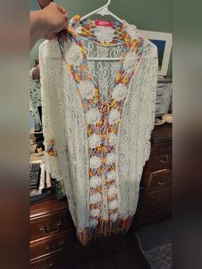 White Lace Boho Fringe Cardigan/ Swimsuit Cover Up with Colorful Crochet Trim